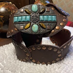 Brown Leather Belt with Turquoise and Brass Accents